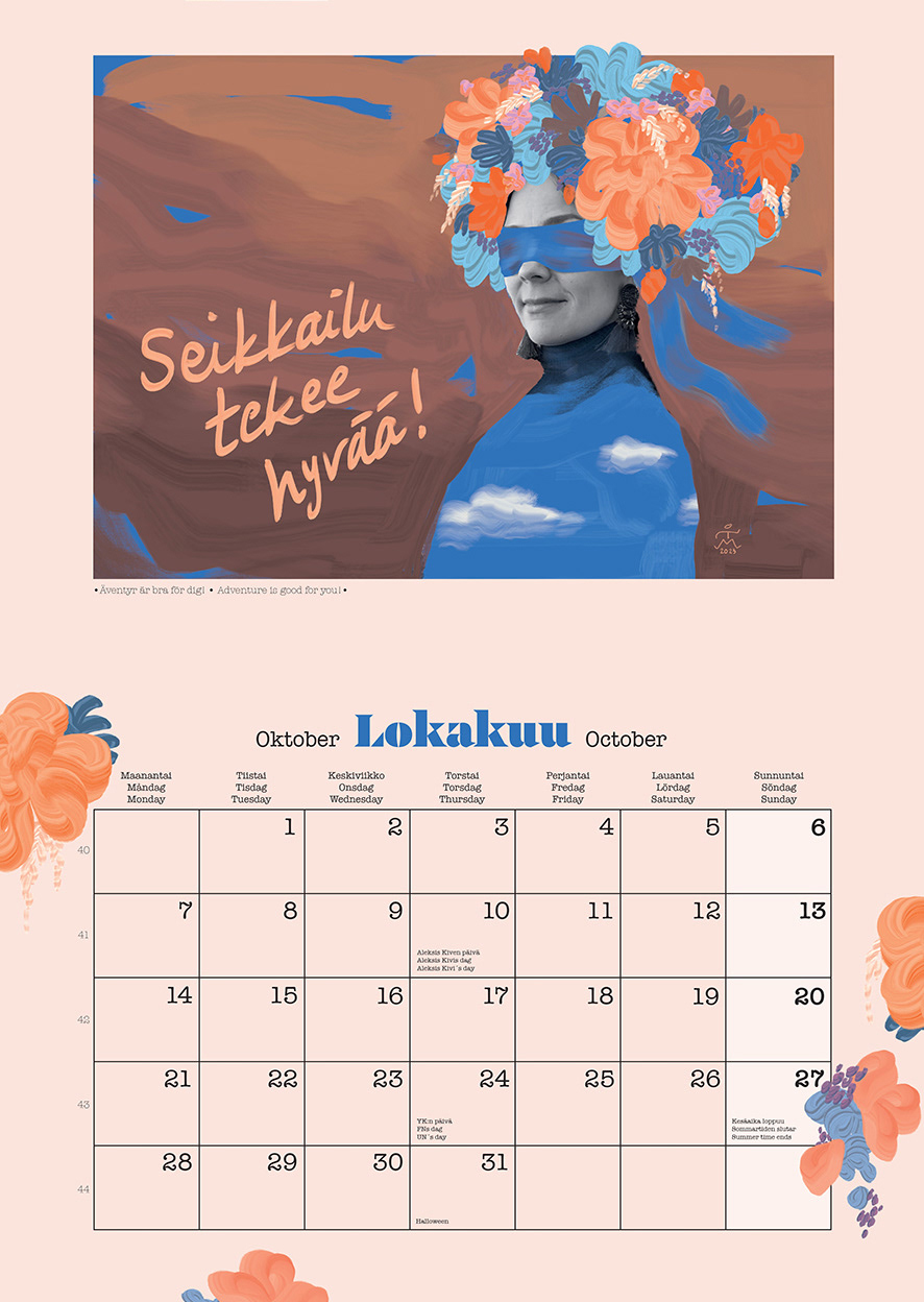 October spread and illustration "Seikkailu tekee hyvää - Adventure is good for you"
