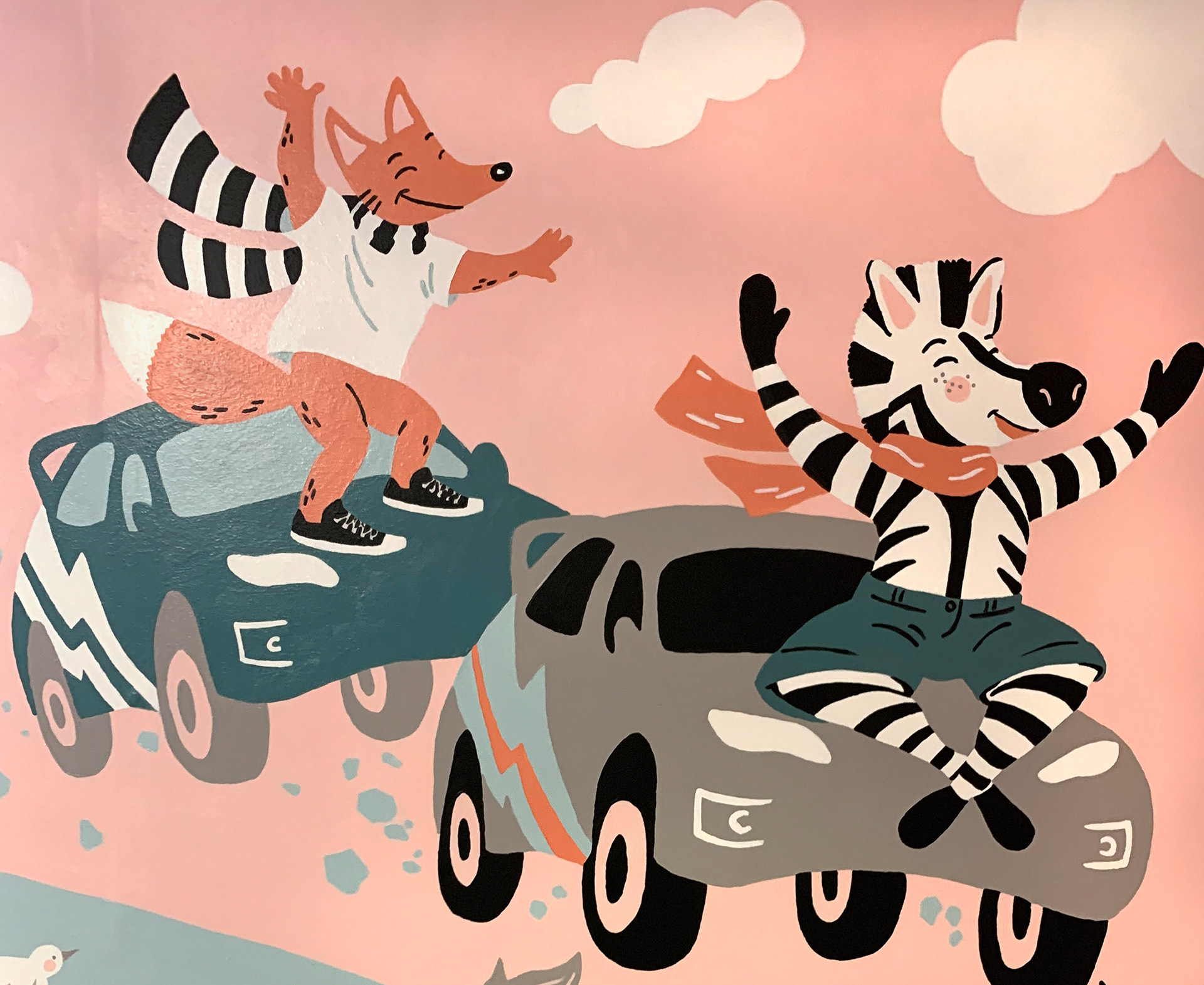 Fox and seepra with race cars
