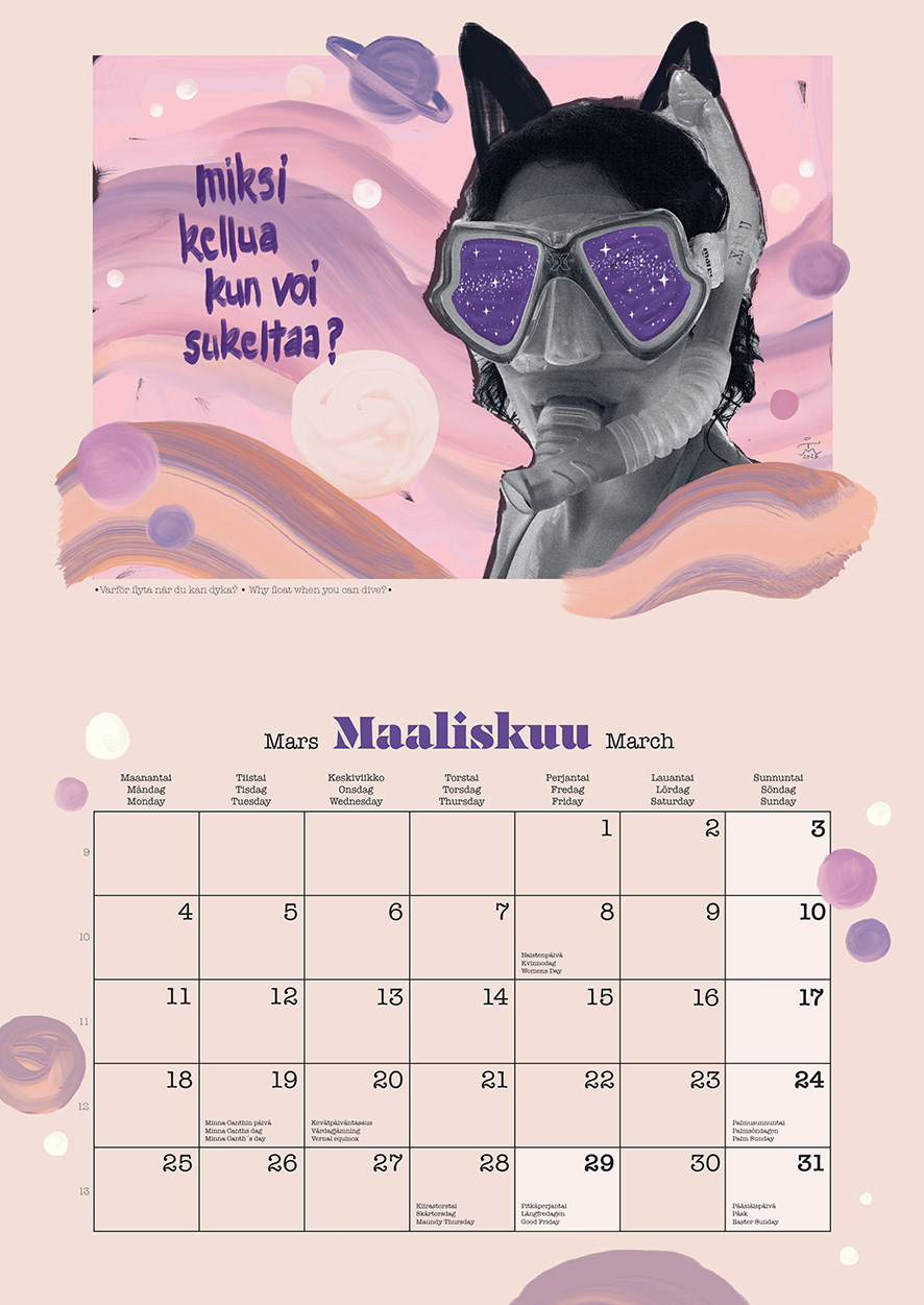 March spread and illustration "Miksi kellua, kun voi sukeltaa? - Why float, when you can dive?"
