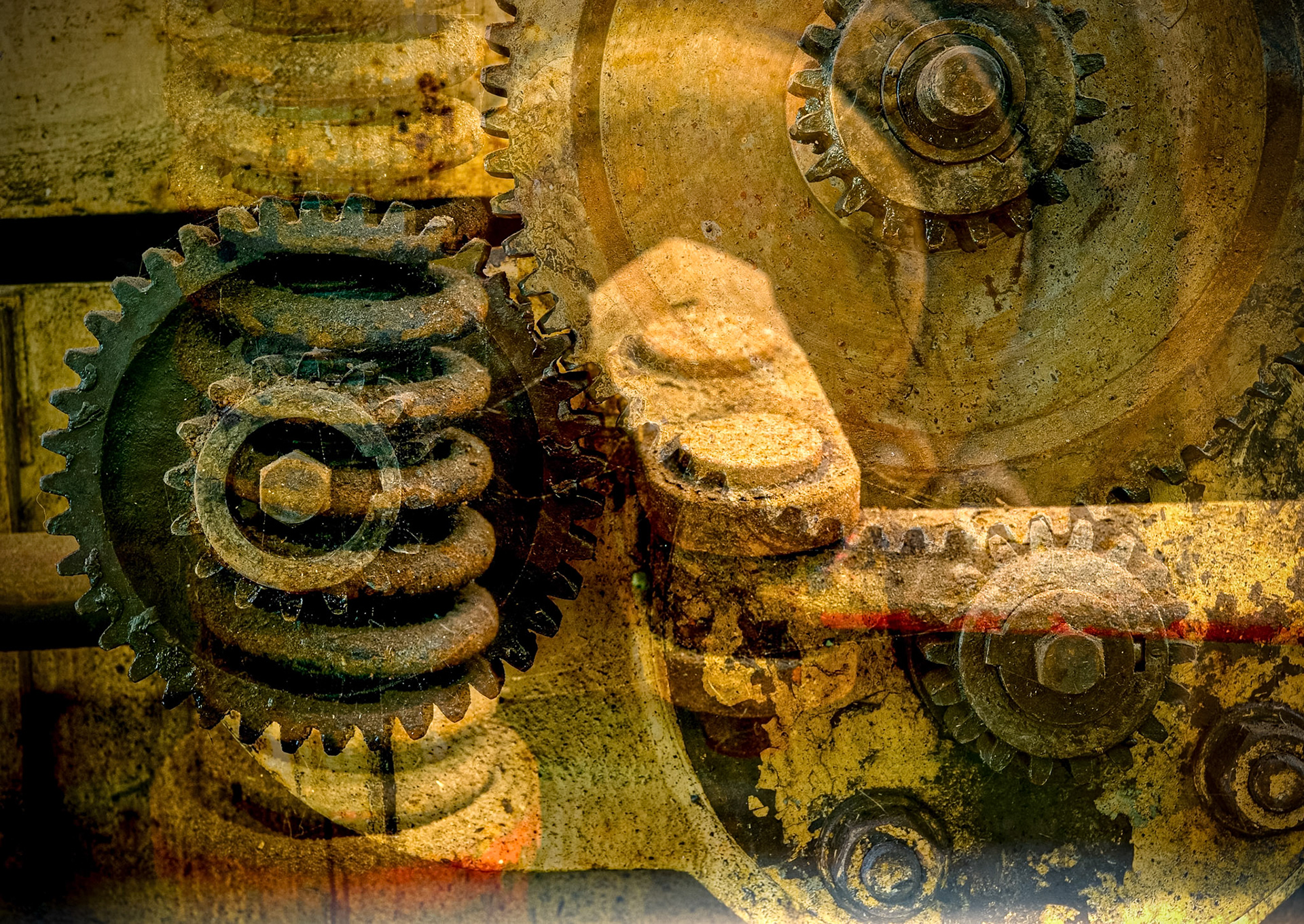 A composite of two shots of old factory equipment on Cockatoo Island, Sydney Harbour