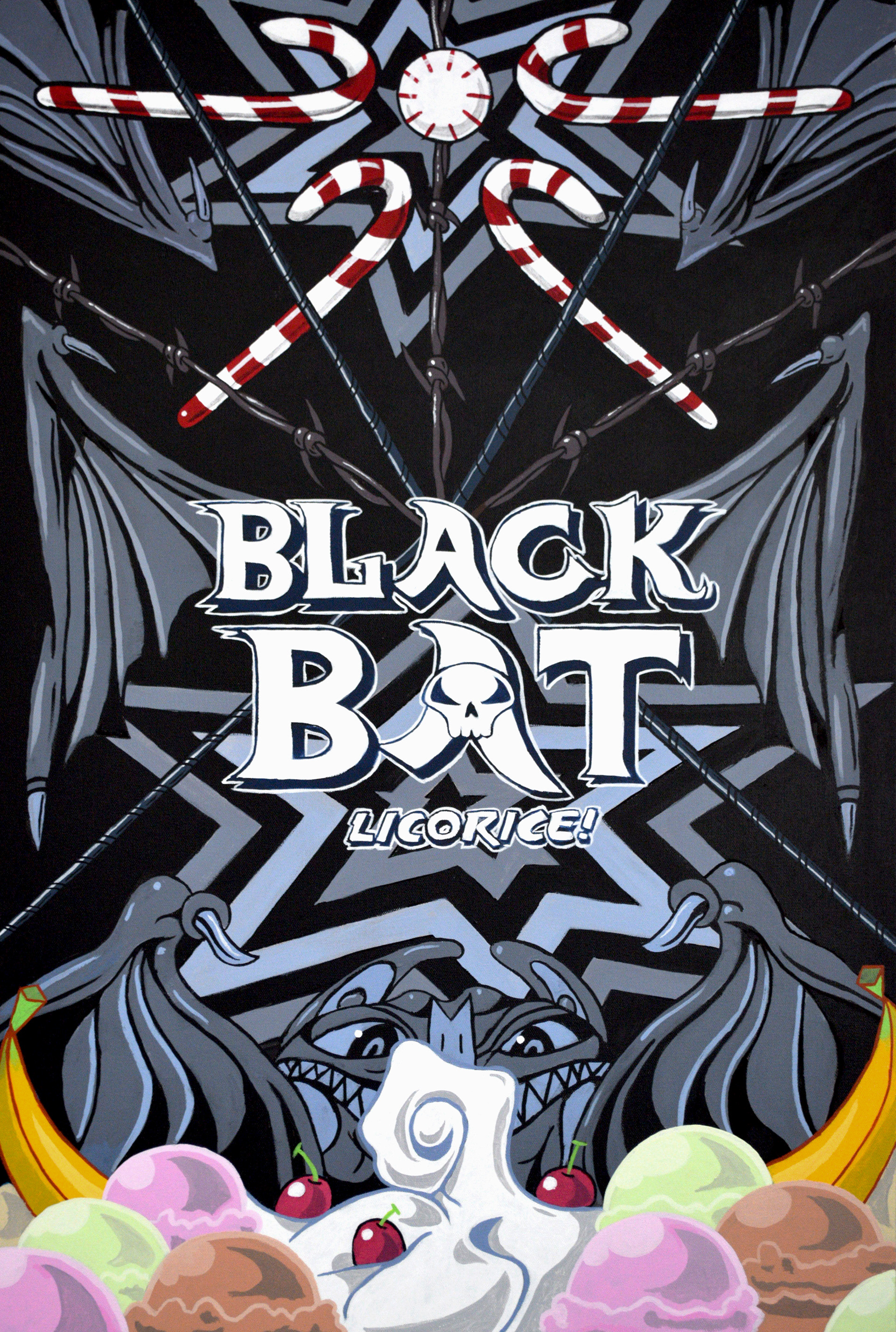 "Black Bat Licorice" 36x24 inches, acrylic on canvas.