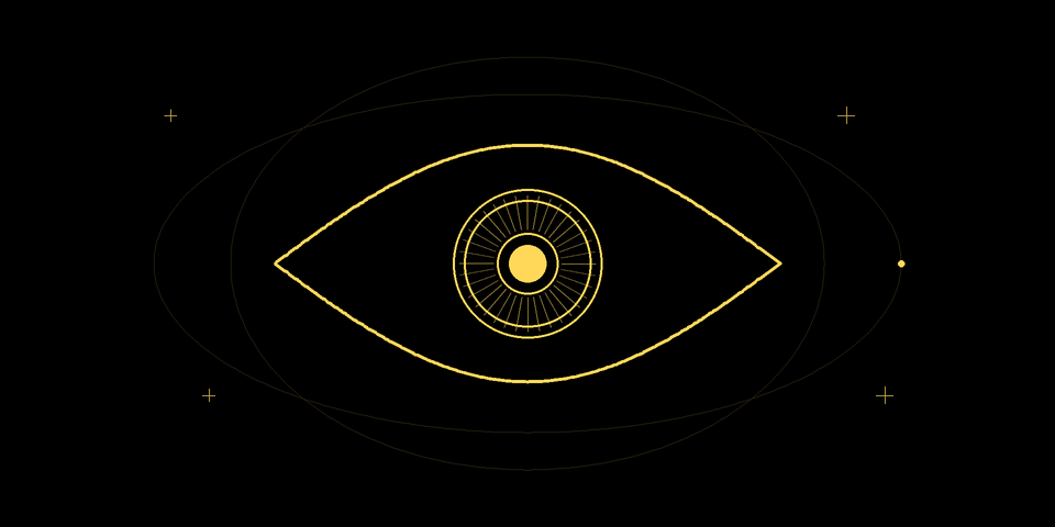 Animated yellow eye transforming into a sun with orbiting lines.