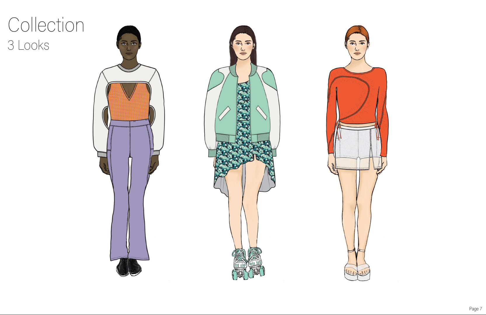 Photoshopped photographed models into drawings, recoloured, and placed flat drawings of garments onto new croquis.