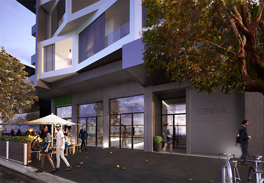 14 storey architecturally designed apartments Moonee Ponds Hall St entrance