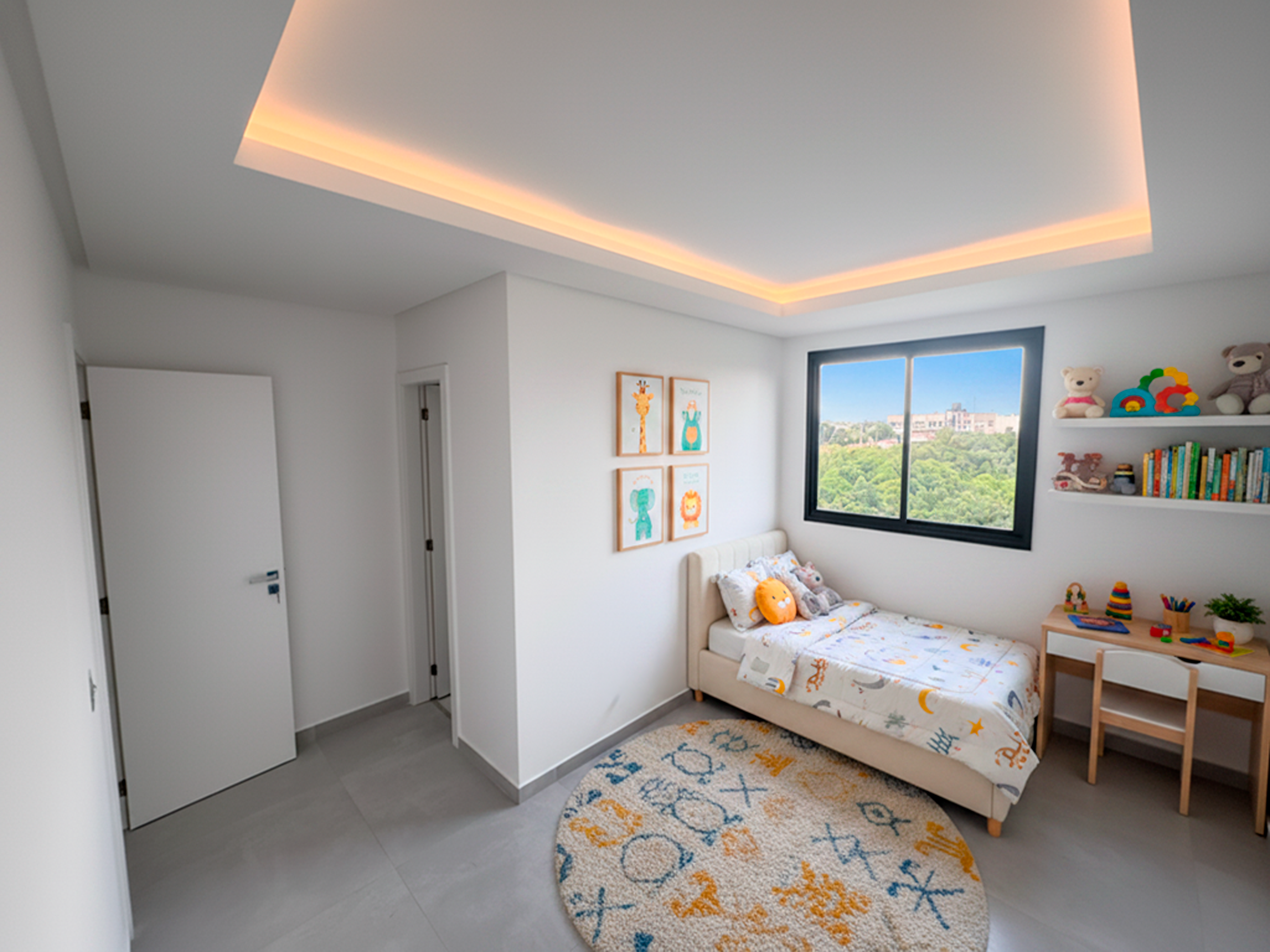 Suíte com vista + decoração ilustrativa