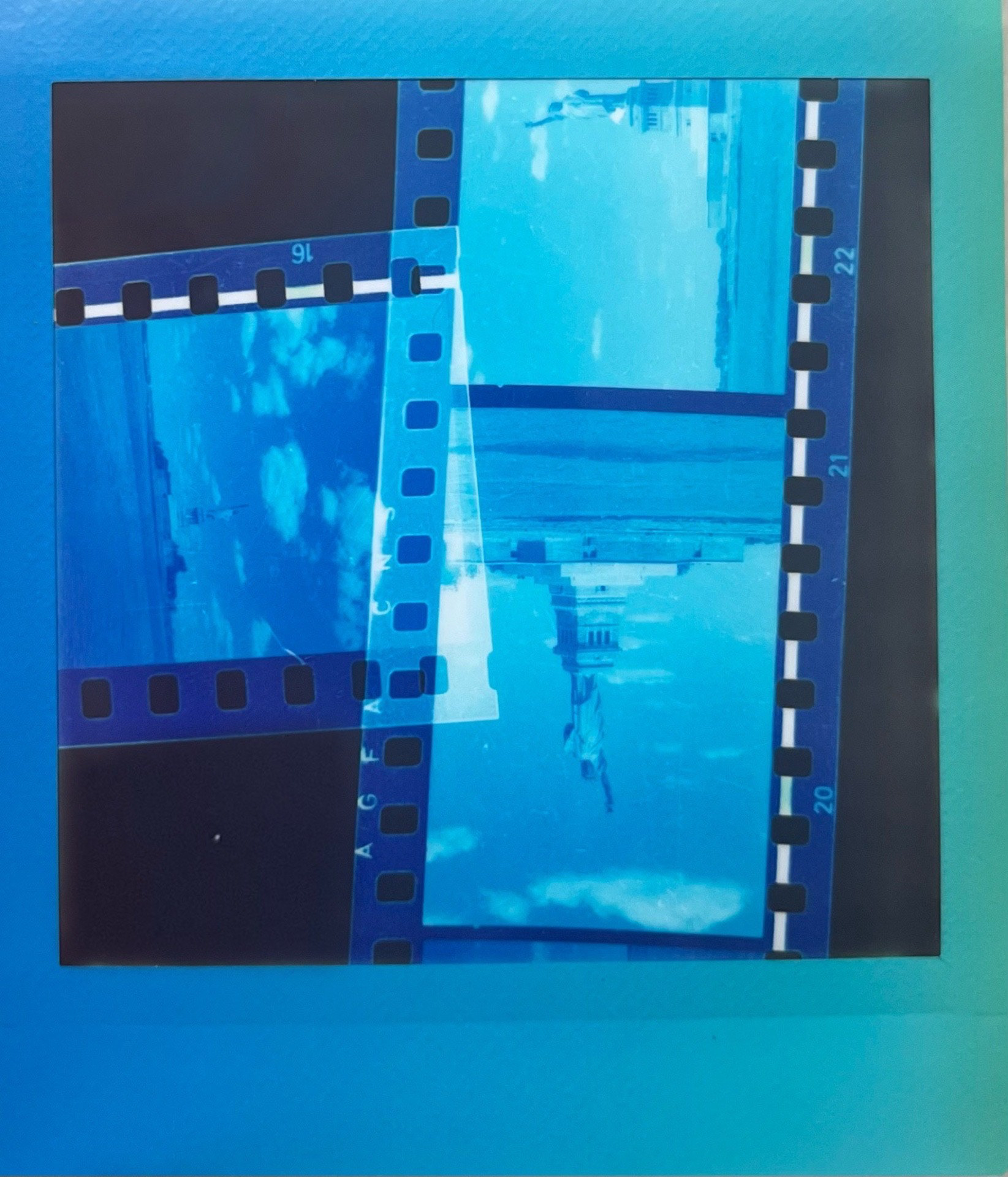 Indigo Rodríguez "tired, poor," 2025. Solarization of negative strips on instant film. 3 in × 3.5 in