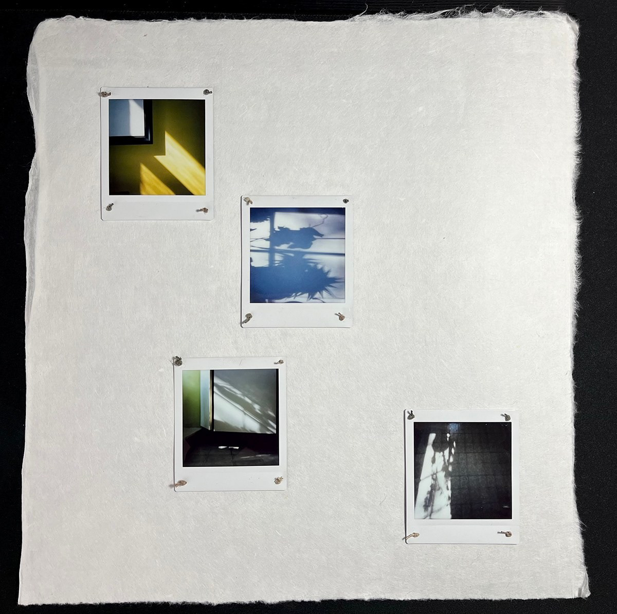 YoungSun Choi Polaroid Daydream," 2025. Polaroids tied onto Korean rice paper. 14 in × 15 in