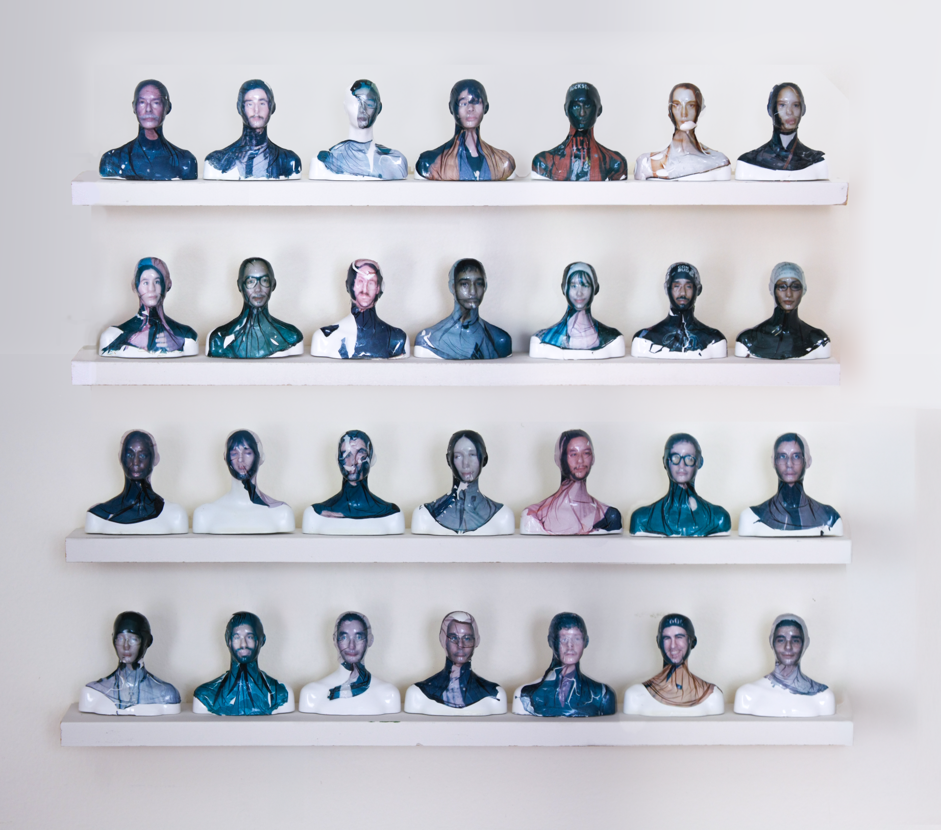 Zoe Head "Shells," 2025. Polaroid emulsion transfer on busts. 3 in × 3 in × 2 in