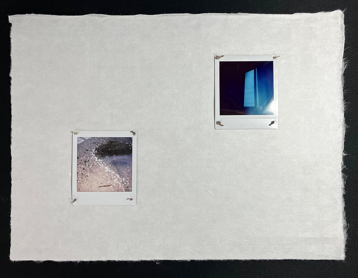 YoungSun Choi "Polaroid Daydream," 2025. Polaroids tied onto Korean rice paper. 11 in × 15 in