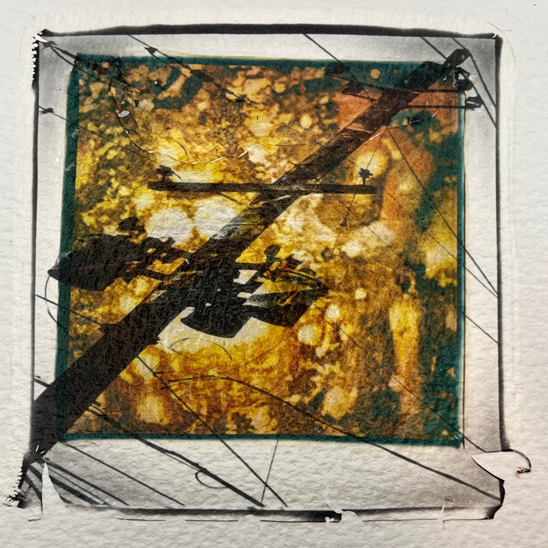 MJ Chuney "Current,"  2025. Layered Polaroid emulsion lifts, on cotton rag paper. 8 in x 8 in