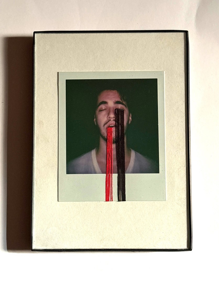 Bo Russell "i’ll turn your thoughts to wool," 2019. Embroidered Polaroid. 5 in × 7 in