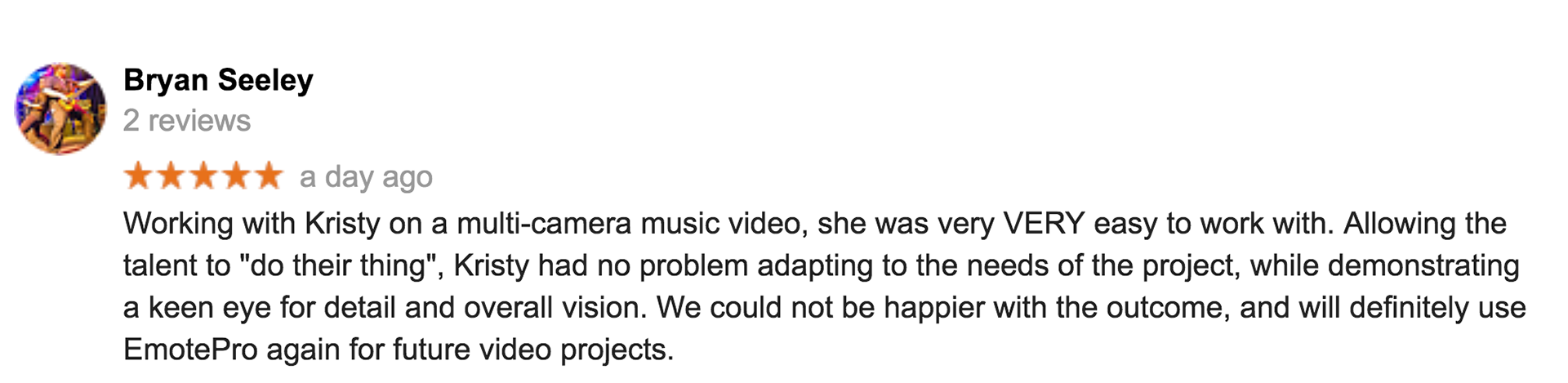 working with kristy on a multi- camera music video, she was very easy to work with, allowing the talent to do their thing, no problem adapting to the needs of the project, while demonstrating a keen eye for detail. 