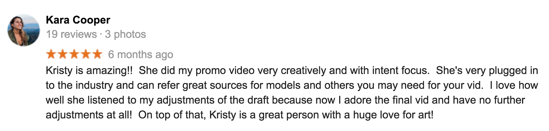 She did my promo video very creatively and with intent focus, she is very plugged into the industry and can refer great sources for models and others you may need for your vid. I love how well she listened to my adjustments of the draft because now I adore the final cut!