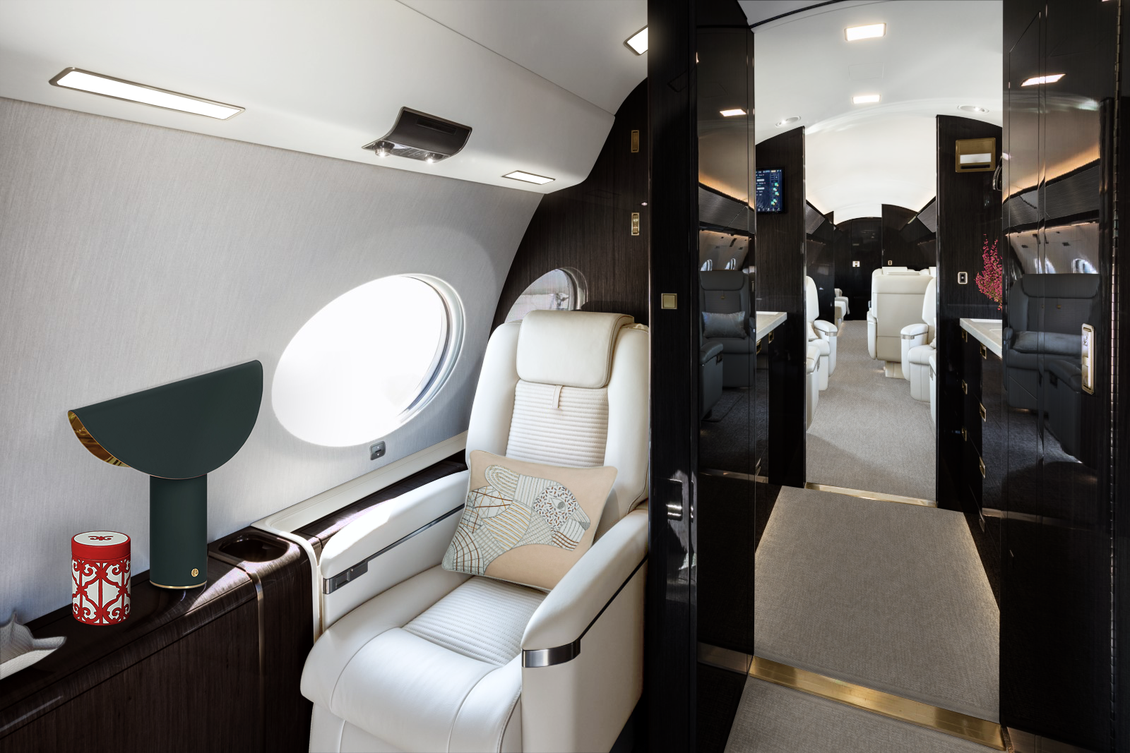 Gulfstream G650ER Crew Rest Area, with the kitchen and lounge area in the background