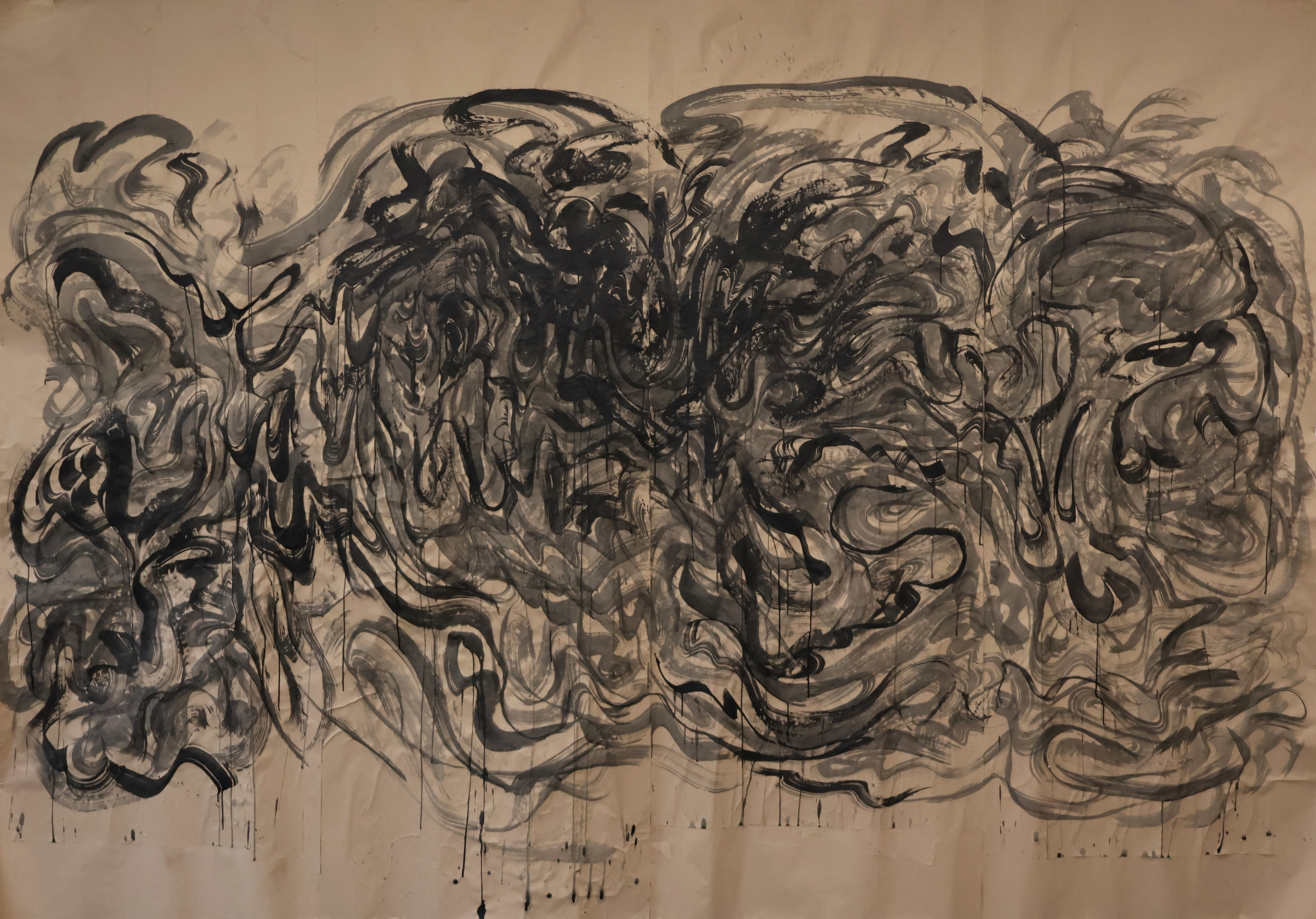 "Flawed Design" by ALESTI, Wind Walkers, Ink on Paper, 144" x 90", 2025