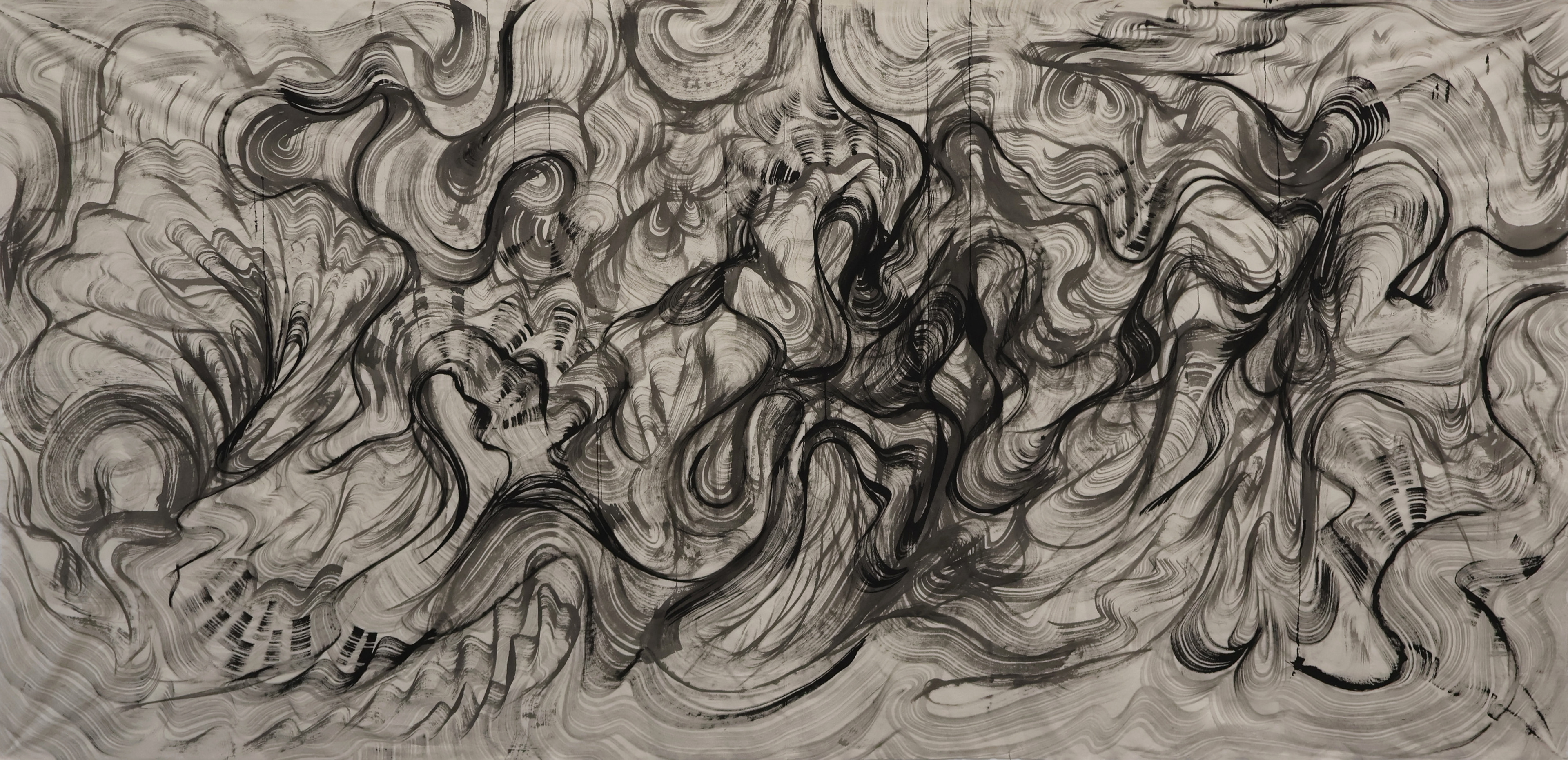 "Oceans" by No-kë, Ink on Unbleached Muslin, 72" x 48", 2025