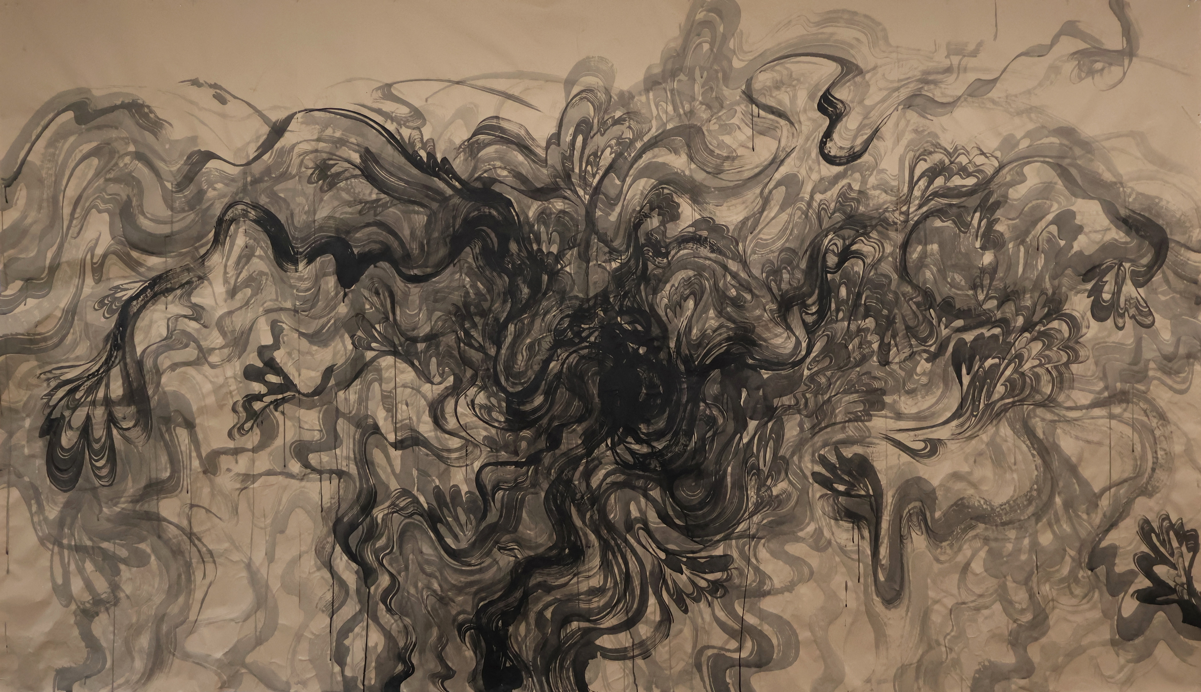 "Suzume" by RADWIMPS, Toaka, Ink on Paper, 142" x 72", 2025