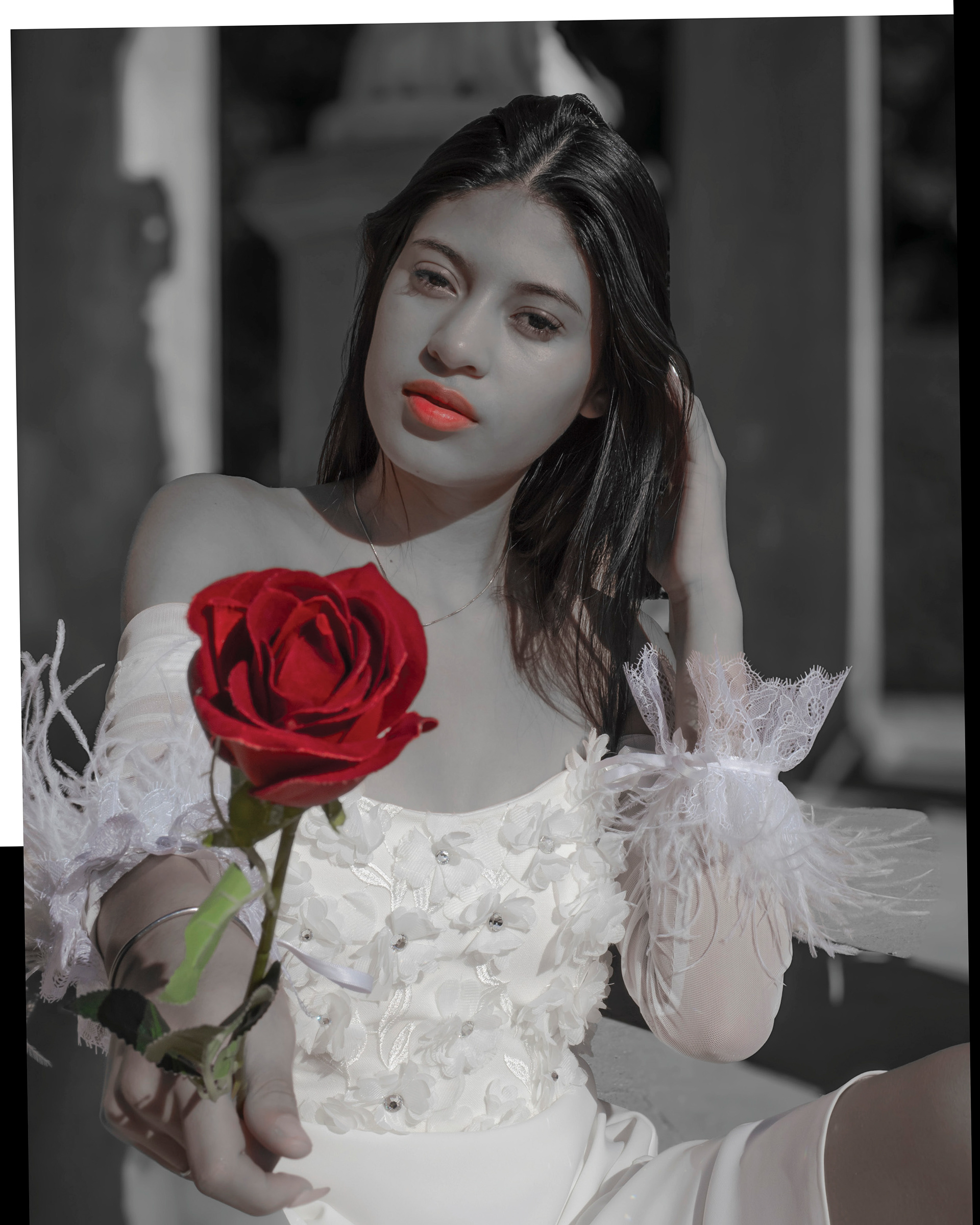 Model Ashley Sanchez wearing white dress in Barcelona