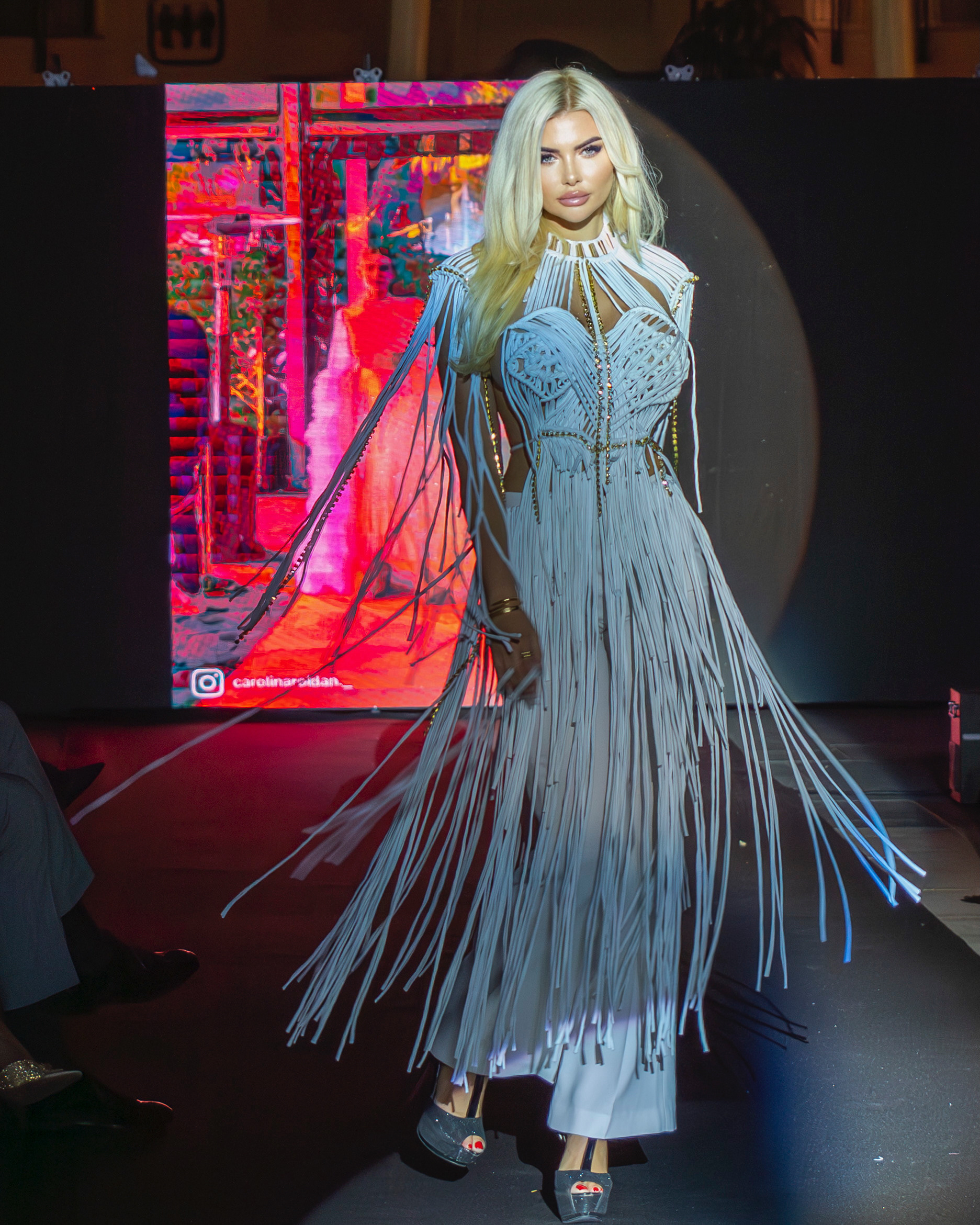 Montse Roura wearing Cristina Roldan at Milan Fashion week