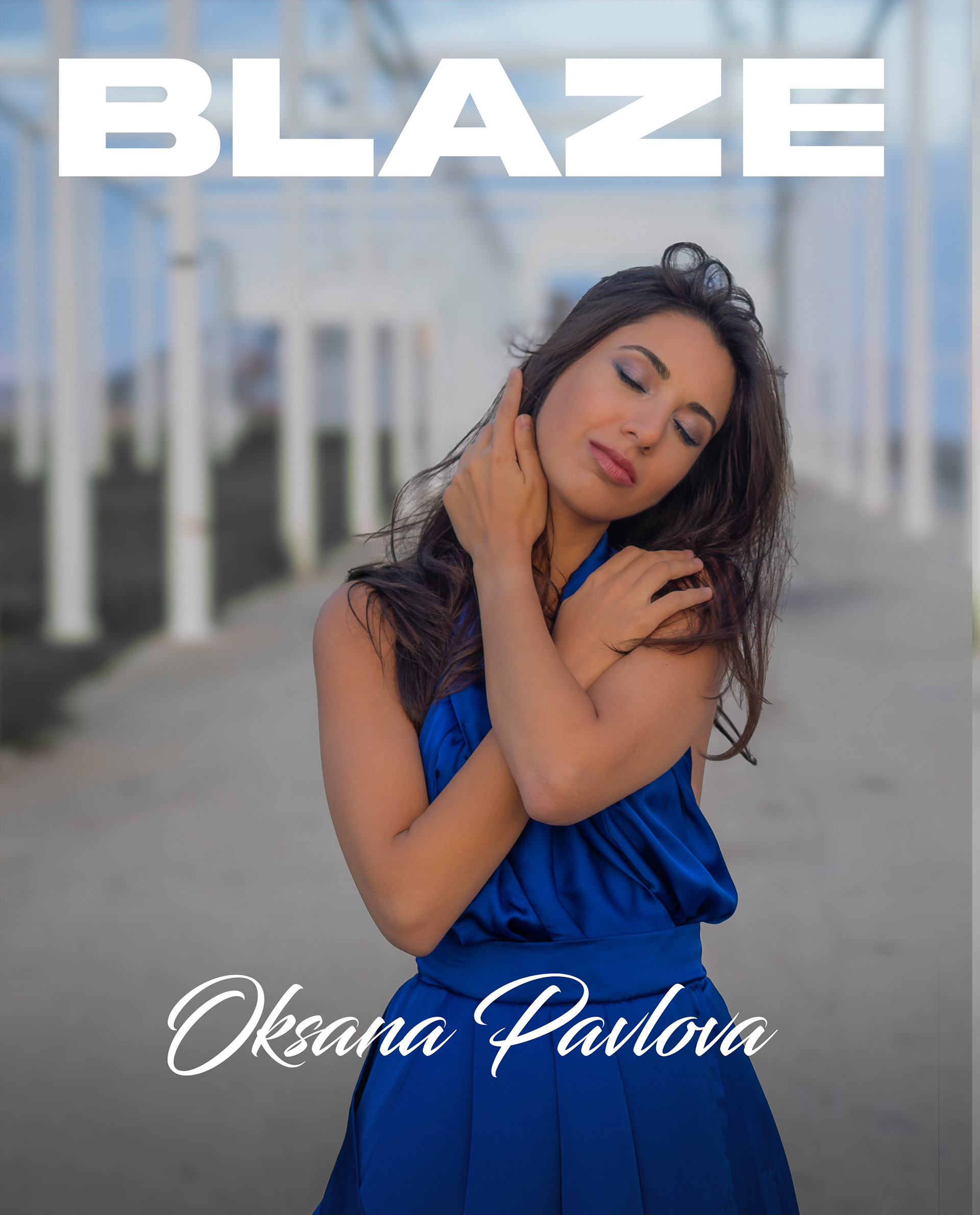 Model & Pianist Oksana Pavlova waring blue beautiful dress by Tina Kolesnikova designer