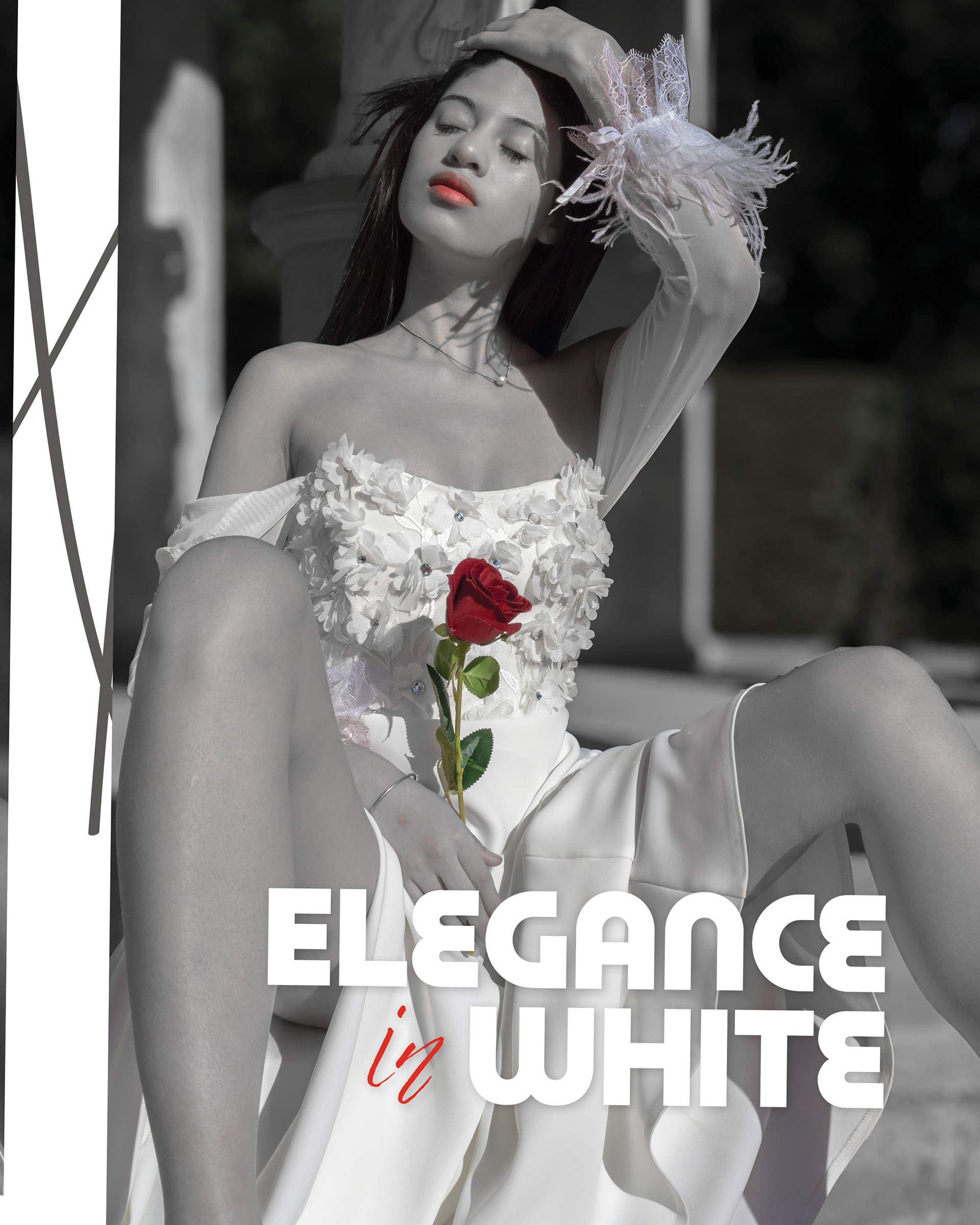 Model Ashley Sanchez wearing white dress by Tina Kolesnikova designer