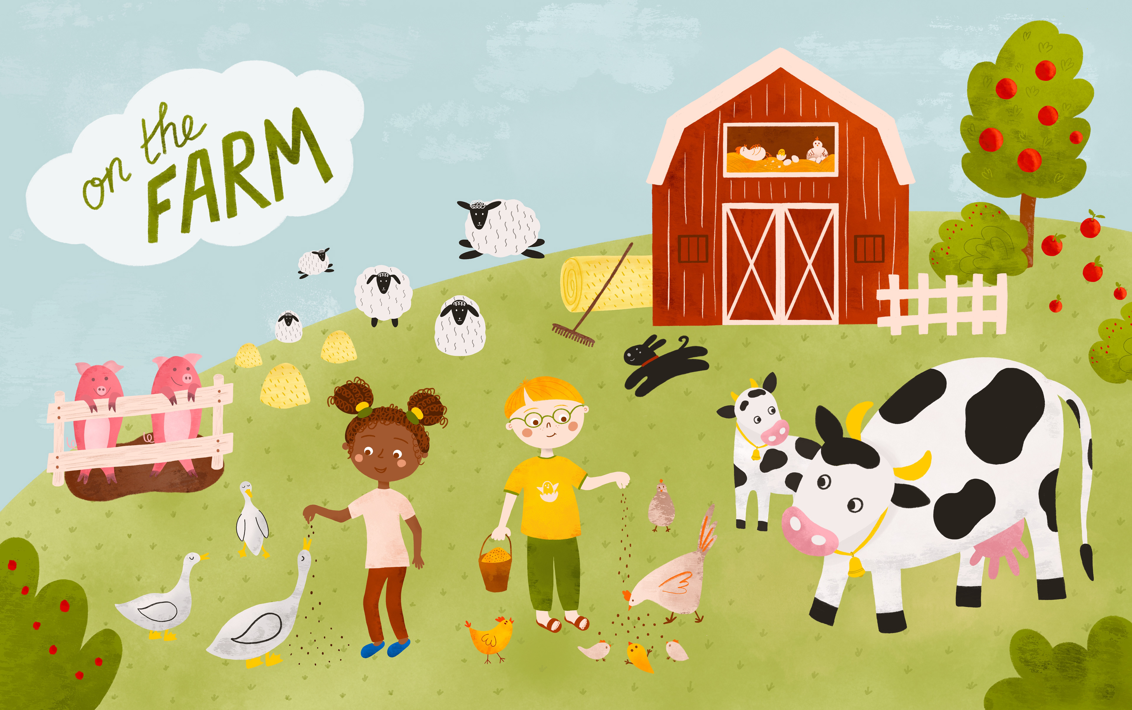 Non fiction children illustration On the Farm with kids feeding animals