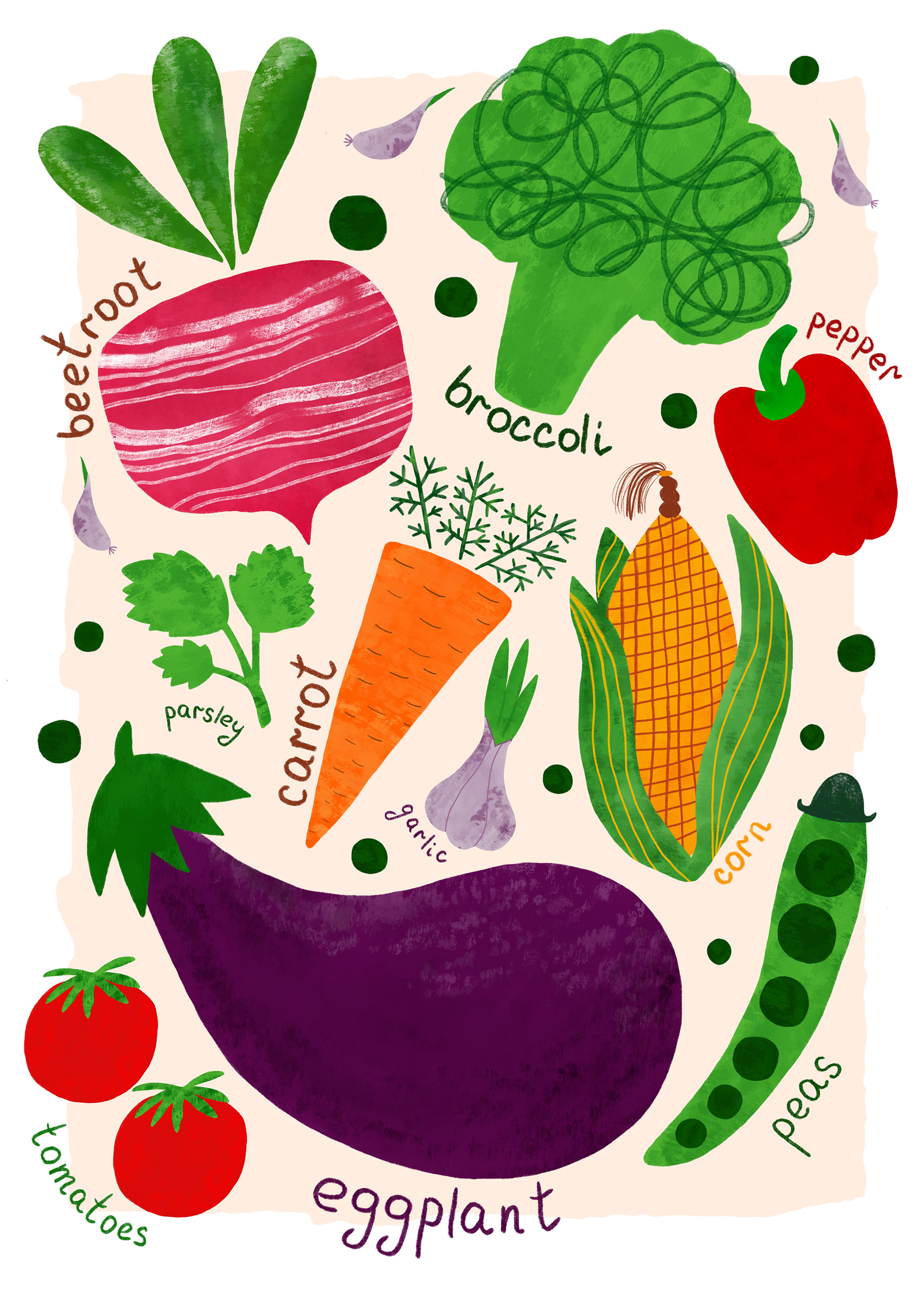 Cute watercolor vegetables illustration for kids. Funny veges for wall art