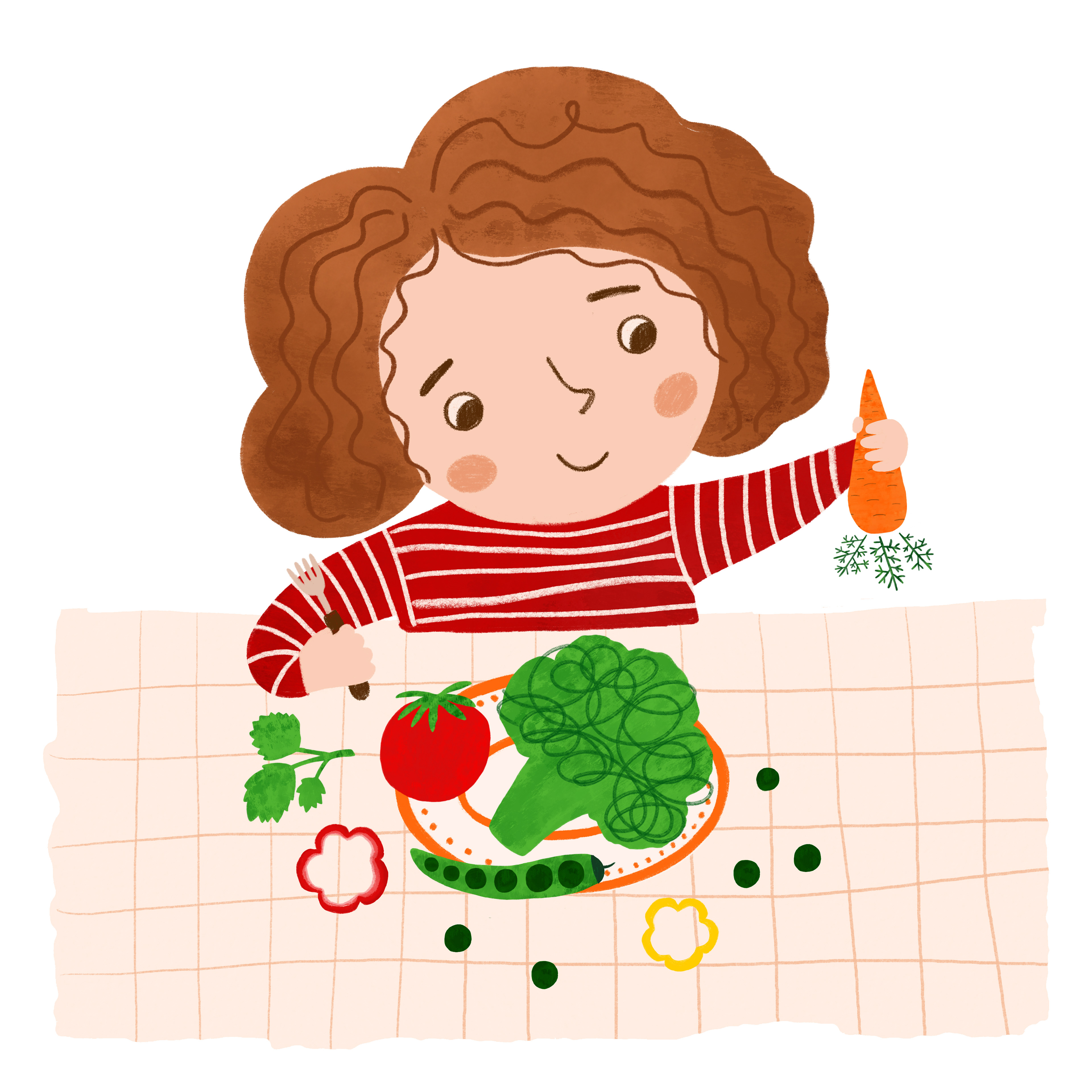 Little girl eats veggies. Kid eats vegetable watercolor illustration