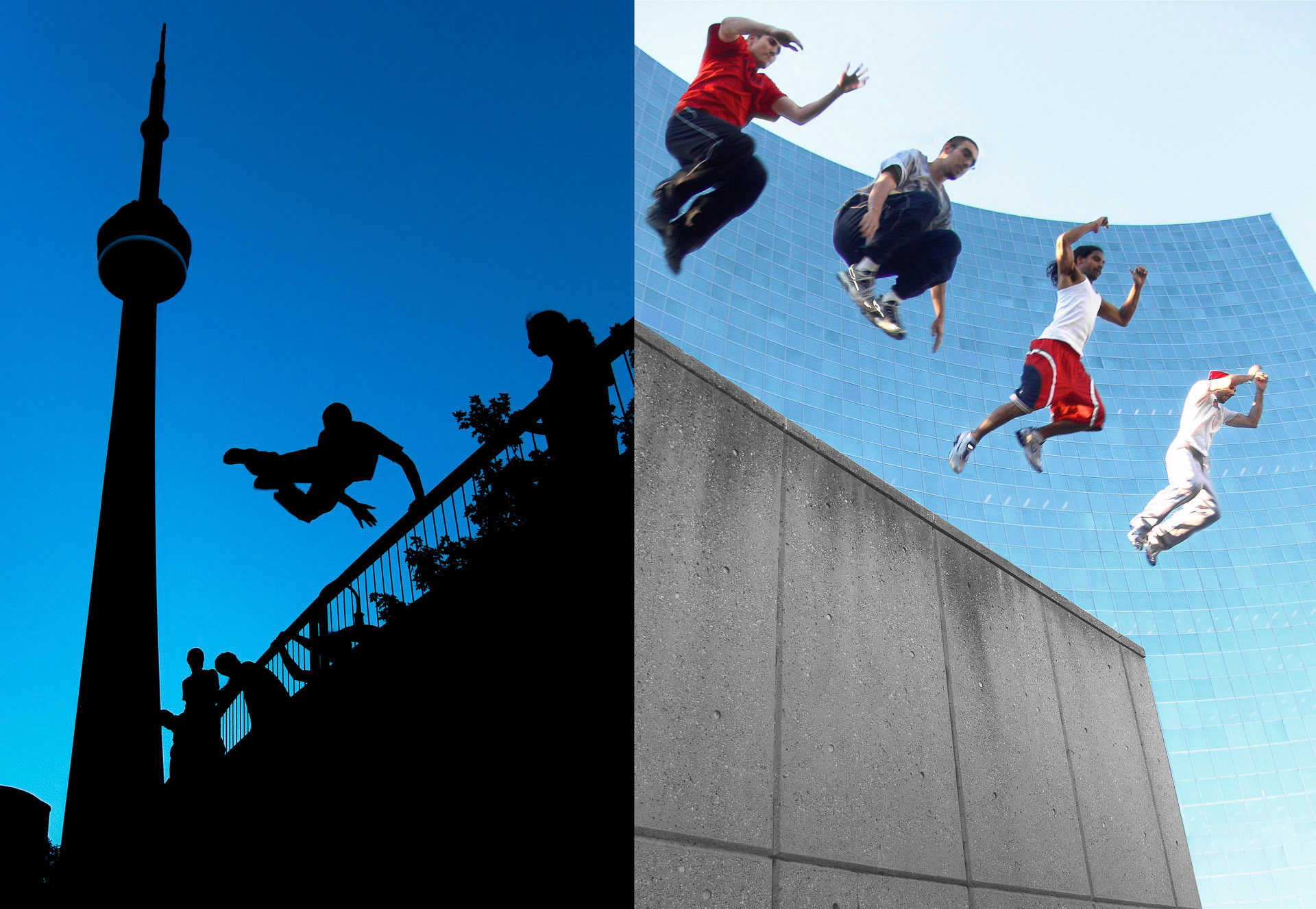 Four Traceurs co-ordinate a jump infront of 700 University Ave.