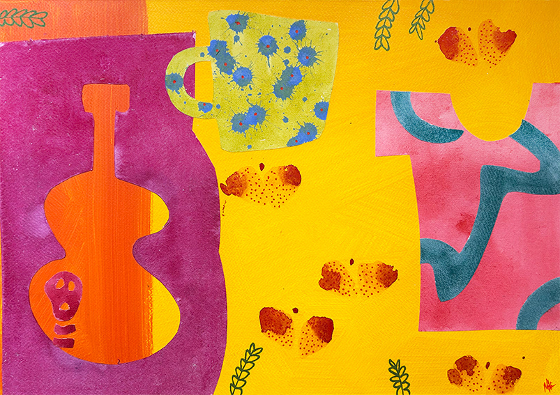 Composition with Skeleton Ghost and Crimson Butterflies, water based media and collage on 300gsm watercolour paper, 325mm x 285476mm