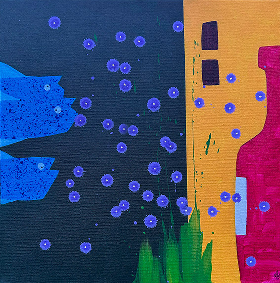 Composition with Blue Fish and Red Bottle,  Acrylic on Canvas 400mm x 400mm 2025