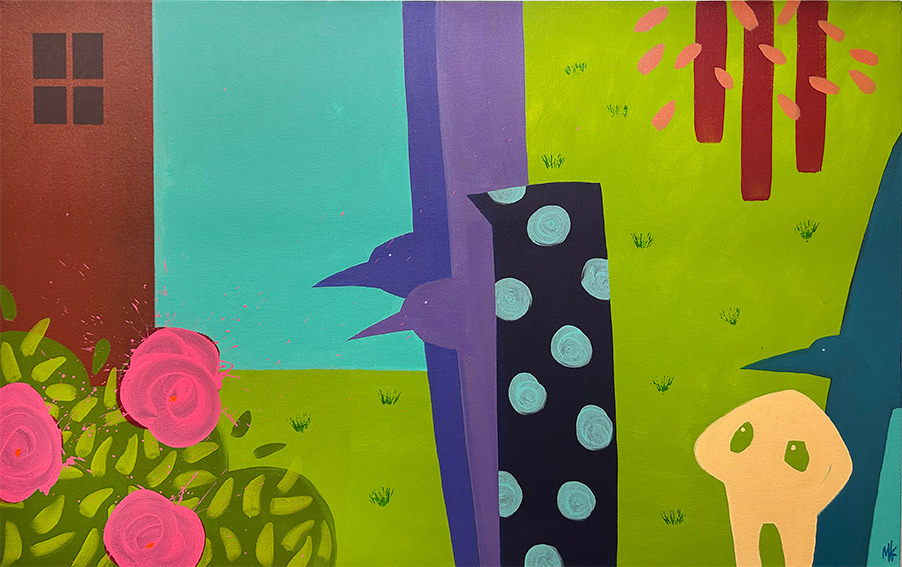 Composition with Ghost Skull and 3 Birds, Acrylic on Canvas, 760mm x 1000mm