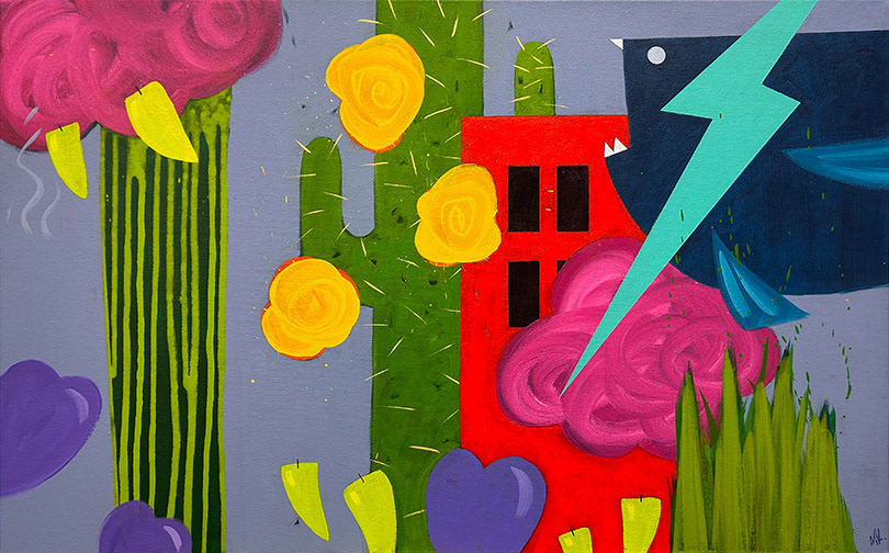 'Composition with Cactus and Hungry Fish' Acrylic on Canvas 2024