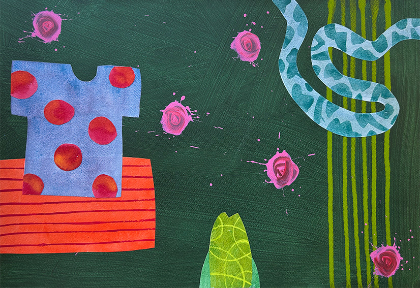 Composition with Tall Grass and Tomato Print Shirt, water based media and collage on 300gsm watercolour paper, 325mm x 285476mm