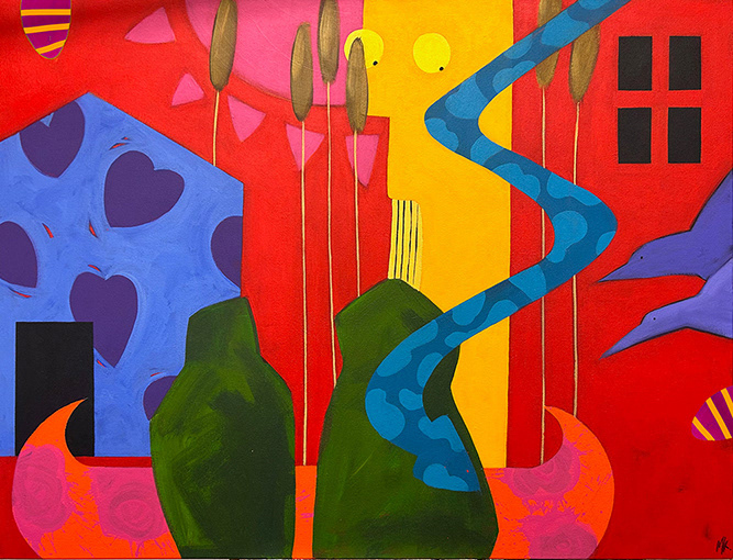 'Composition with Shed and Orange Canoe' 760mm x 1000mm Acrylic on Canvas 2024