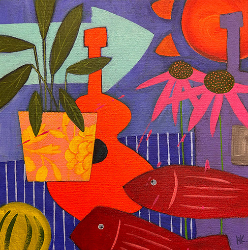 'Composition with Prayer Plant and Crimson Fish 300mm x 300mm Acrylic on Canvas 2024