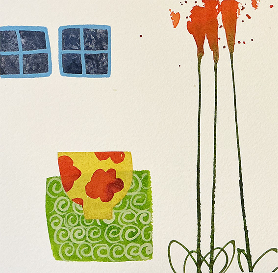 'Composition with Windows and Orange Flowers', water based media and collage on 300gsm watercolour paper, 150mm x 150mm 