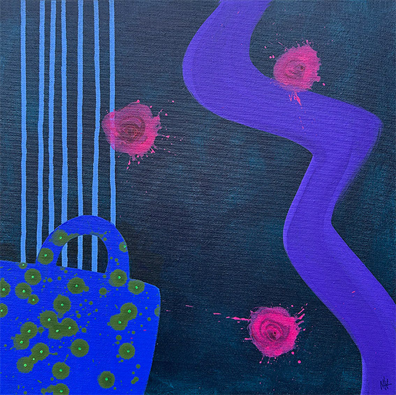 Composition with River and Blue Bag,  Acrylic on Canvas 400mm x 400mm 2025