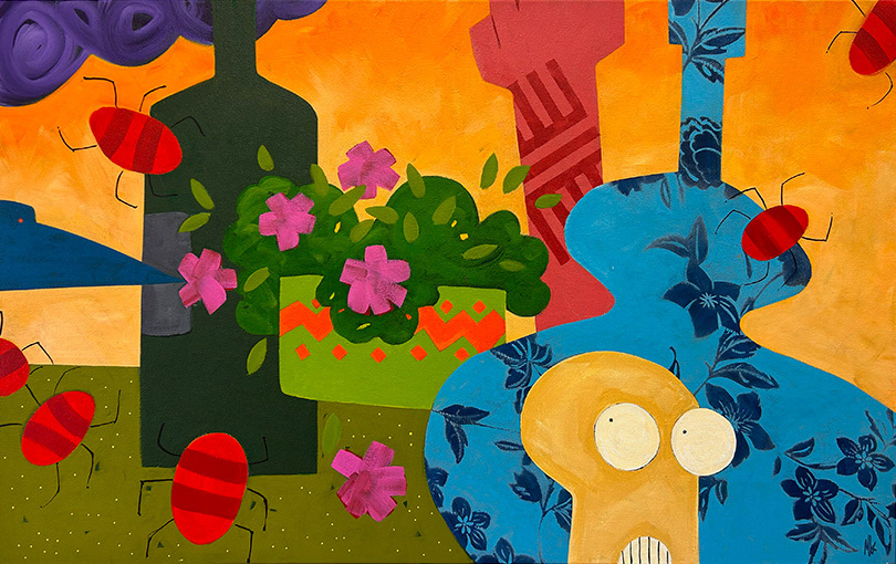 'Composition with Bugs and Blue Guitar' 500mm x 810mm Acrylic on Canvas 2024