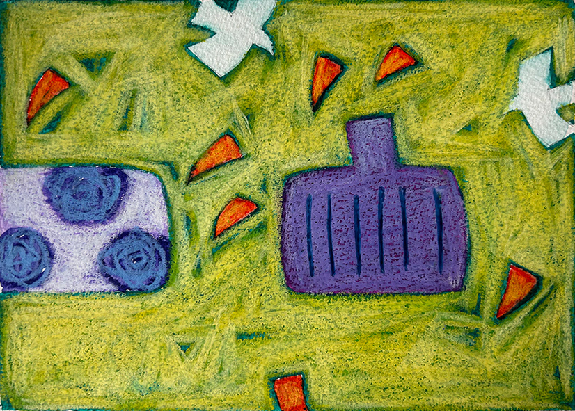 'Composition with Doves and Chillies' Water based media on Arches 300gsm paper, 210mm x 150mm