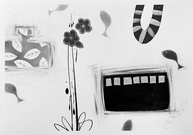 Composition with Leaf Print Bottle, mixed media and collage on paper, 273mm x 397mm