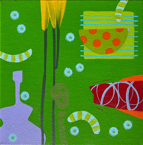 Composition with Lilac Guitar and Forget Me Nots, 300mm x 300mm, Acrylic on Canvas