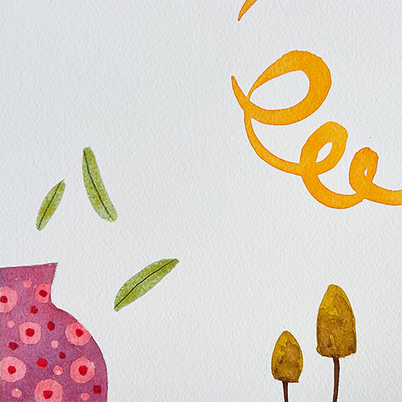 'Composition with Maroon Pot and Mushrooms', water based media and collage on 300gsm watercolour paper, 150mm x 150mm 