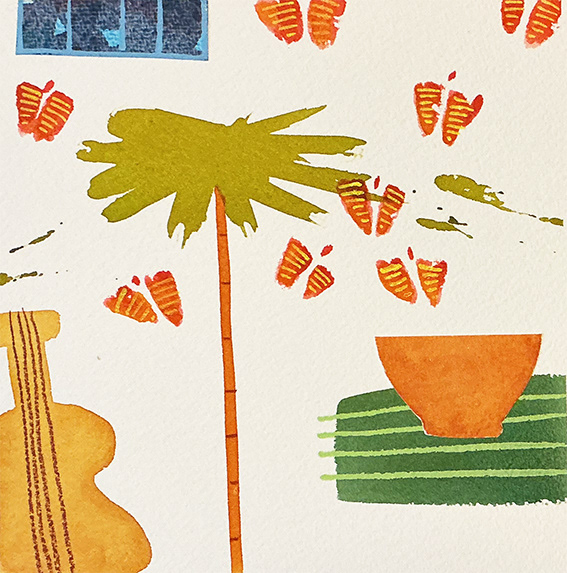 'Composition with Guitar and Orange Butterflies', water based media and collage on 300gsm watercolour paper, 150mm x 150mm 