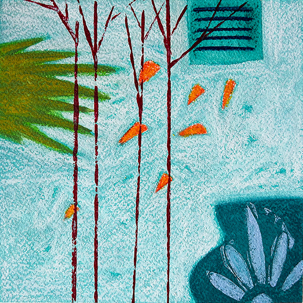 'Composition with Blue Pot and Turquoise Louvred Window' Water based media on Arches 300gsm paper, 150mm x 150mm