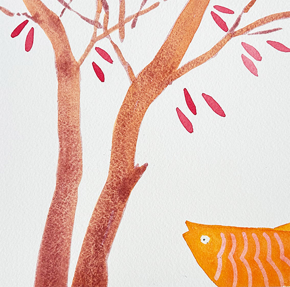 'Composition with Tree and Orange Fish', water based media and collage on 300gsm watercolour paper, 150mm x 150mm 