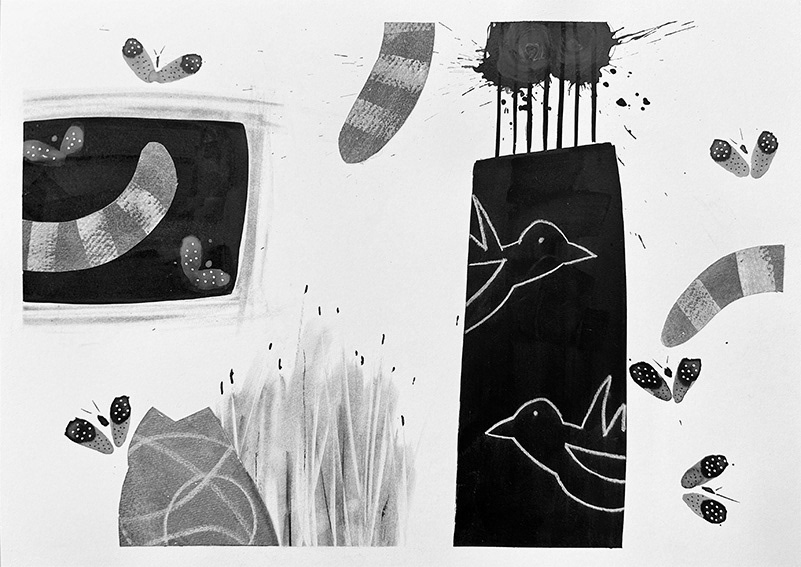 Composition with Moths and Cat Tails, mixed media and collage on paper, 273mm x 397mm