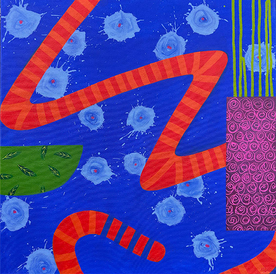 Composition with Blue Flowers and Red Snake,  Acrylic on Canvas 500mm x 500mm 2025