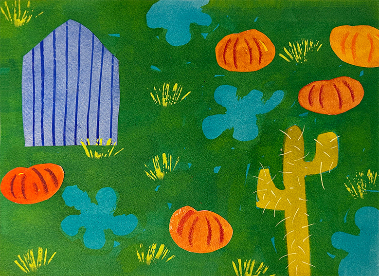 Composition with Blue Shed and Cactus, water based media and collage on 300gsm watercolour paper