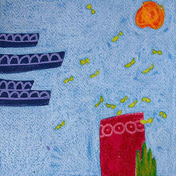 'Composition with Blue Boats' Water based media on Arches 300gsm paper, 150mm x 150mm